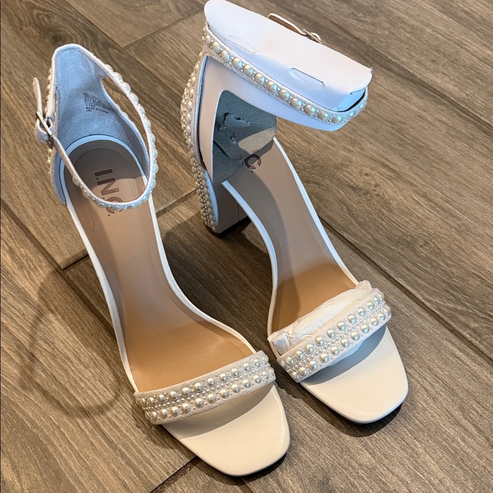 INC International Concepts White Pearl-Embellished Ankle-Strap Block Heel - Picture 3 of 9